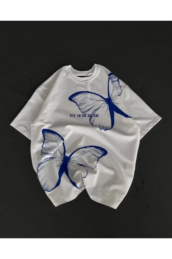 Unisex Bisiklet Yaka Baskılı Oversize T-Shirt - Beyaz