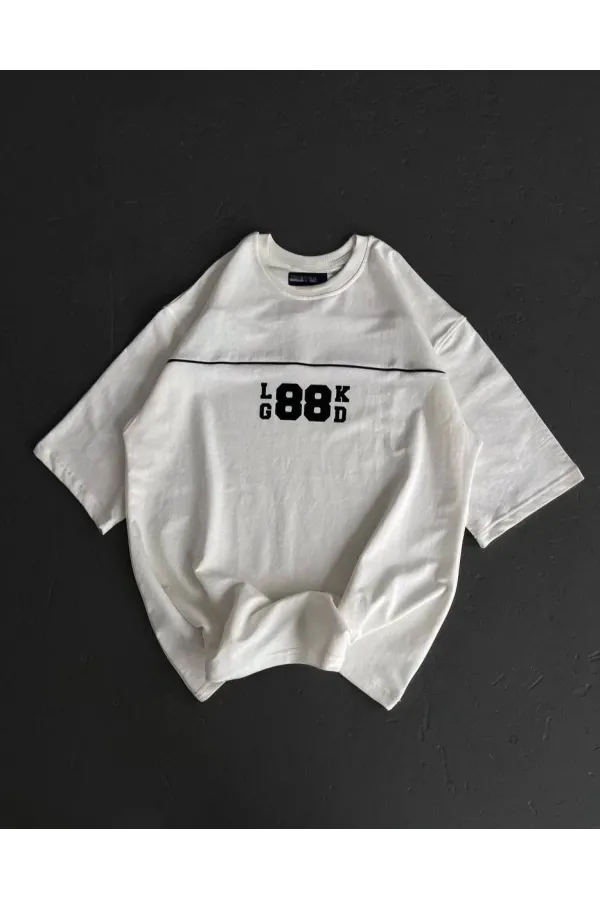 Unisex Bisiklet Yaka Baskılı Oversize T-Shirt - Beyaz