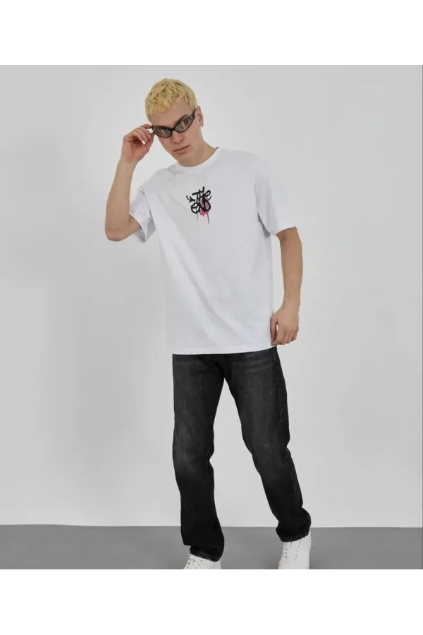 Unisex Bisiklet Yaka Baskılı Oversize T-Shirt - Beyaz