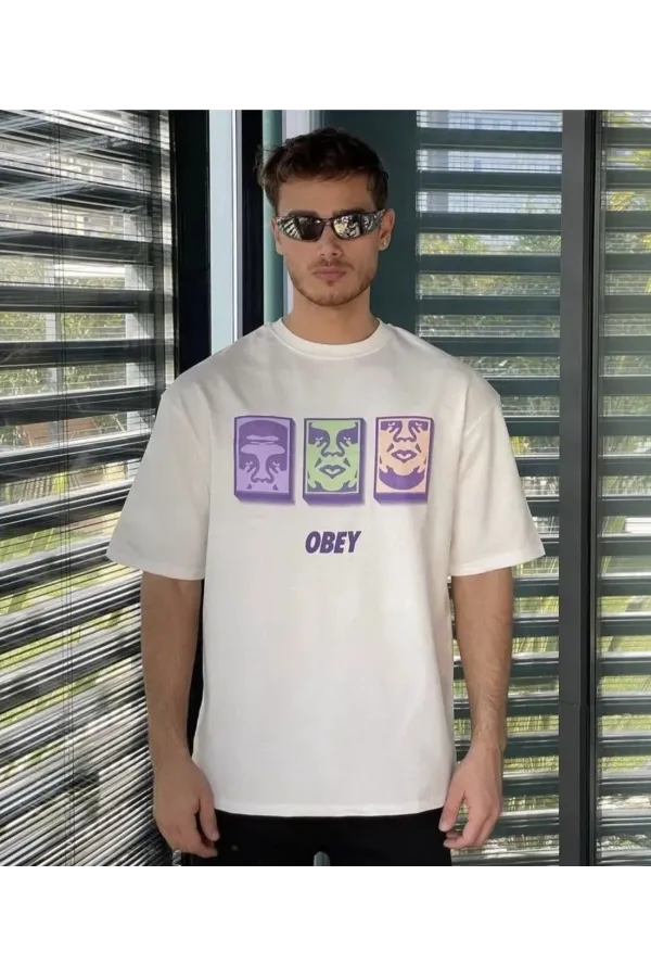 Unisex Bisiklet Yaka Baskılı Oversize T-Shirt - Beyaz