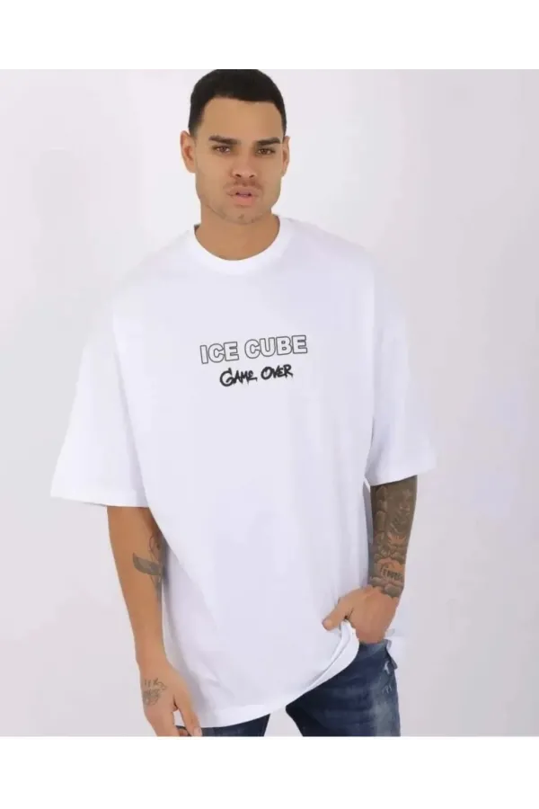 Unisex Bisiklet Yaka Baskılı Oversize T-Shirt - Beyaz