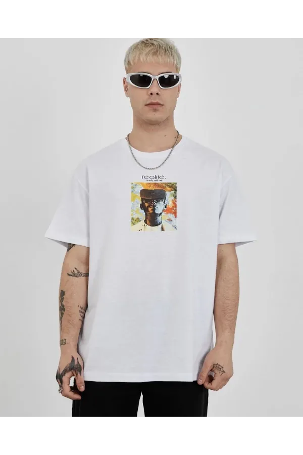 Unisex Bisiklet Yaka Baskılı Oversize T-Shirt - Beyaz