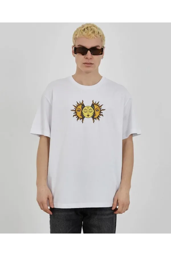 Unisex Bisiklet Yaka Baskılı Oversize T-Shirt - Beyaz