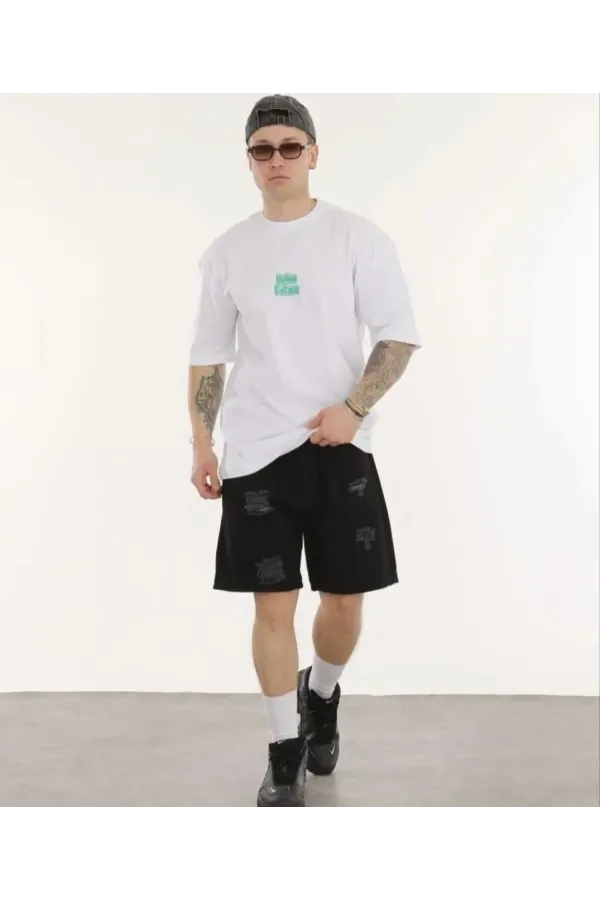 Unisex Bisiklet Yaka Baskılı Oversize T-Shirt - Beyaz