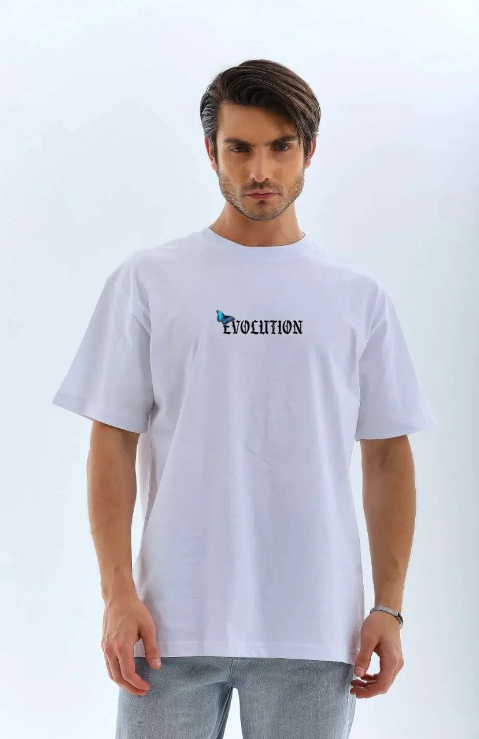 Unisex Bisiklet Yaka Baskılı Oversize T-Shirt - Beyaz Somersan Giyim | Kadın, Erkek ve Çocuk Moda