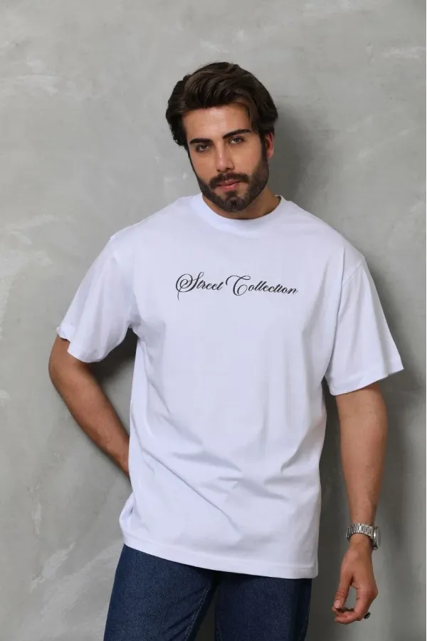 Unisex Bisiklet Yaka Baskılı Oversize T-Shirt - Beyaz