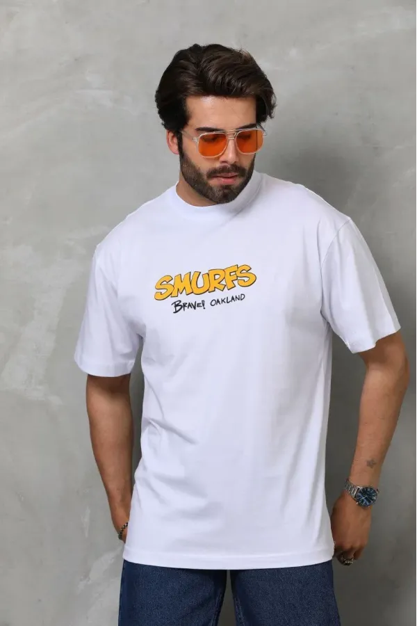 Unisex Bisiklet Yaka Baskılı Oversize T-Shirt - Beyaz