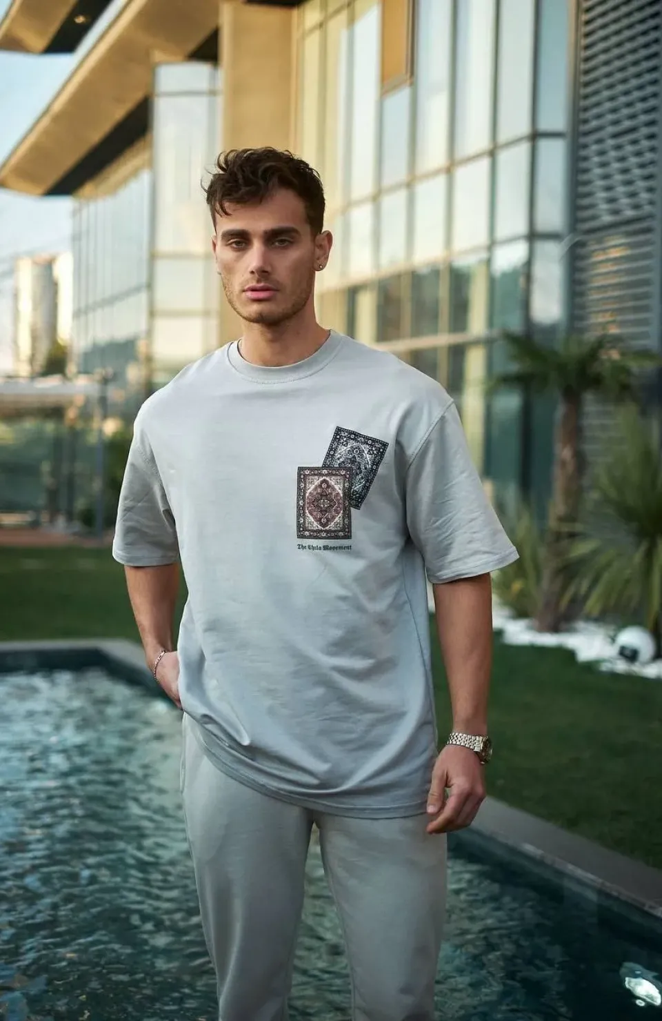 Unisex Bisiklet Yaka Baskılı Oversize T-Shirt - Boyalı Gri