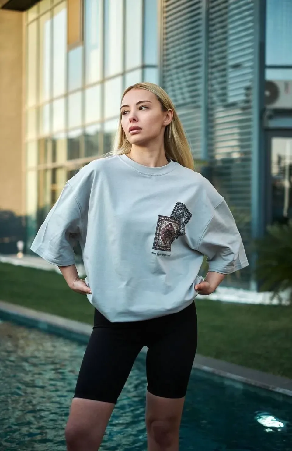 Unisex Bisiklet Yaka Baskılı Oversize T-Shirt - Boyalı Gri