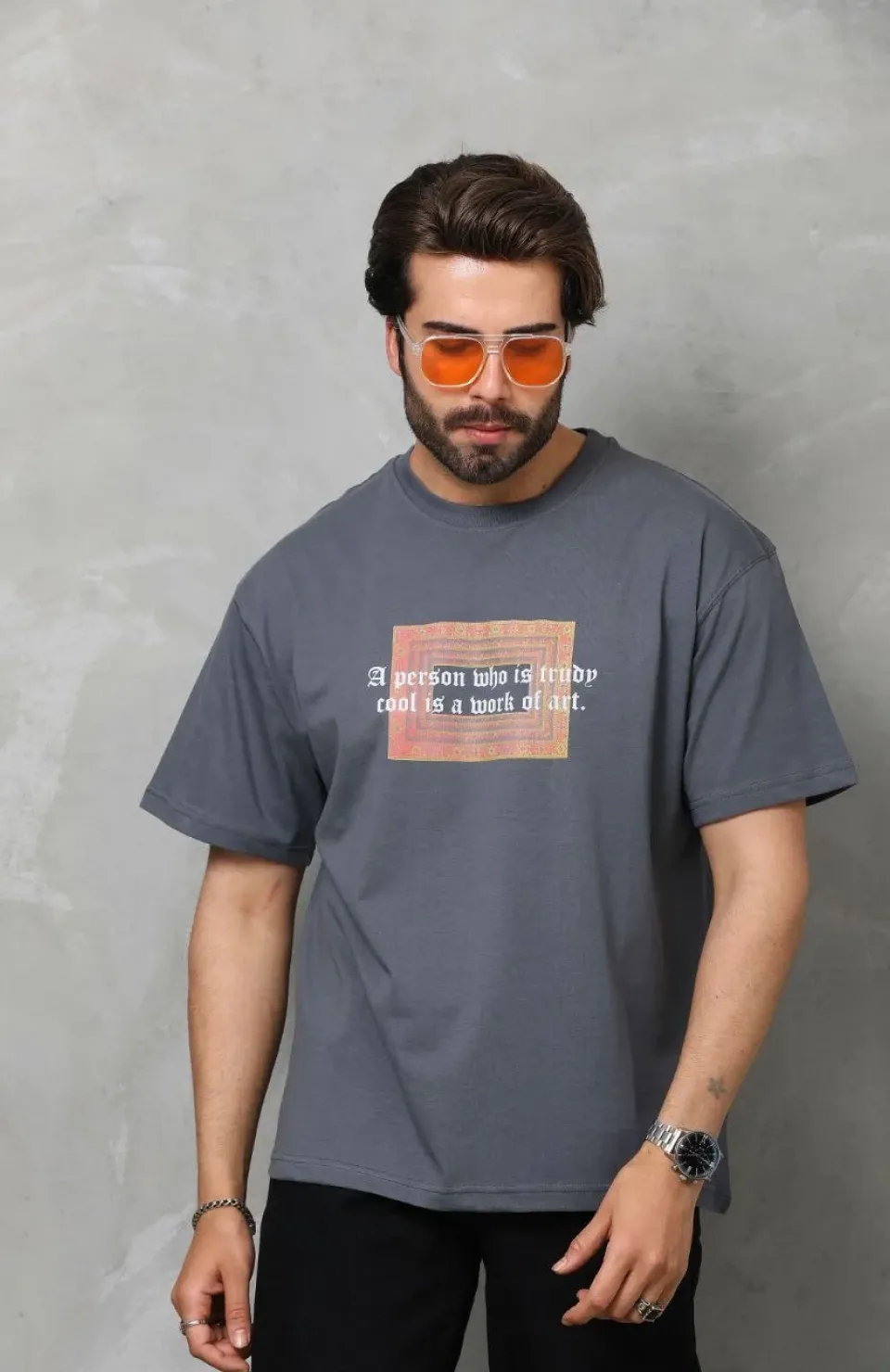 Unisex Bisiklet Yaka Baskılı Oversize T-Shirt - Füme