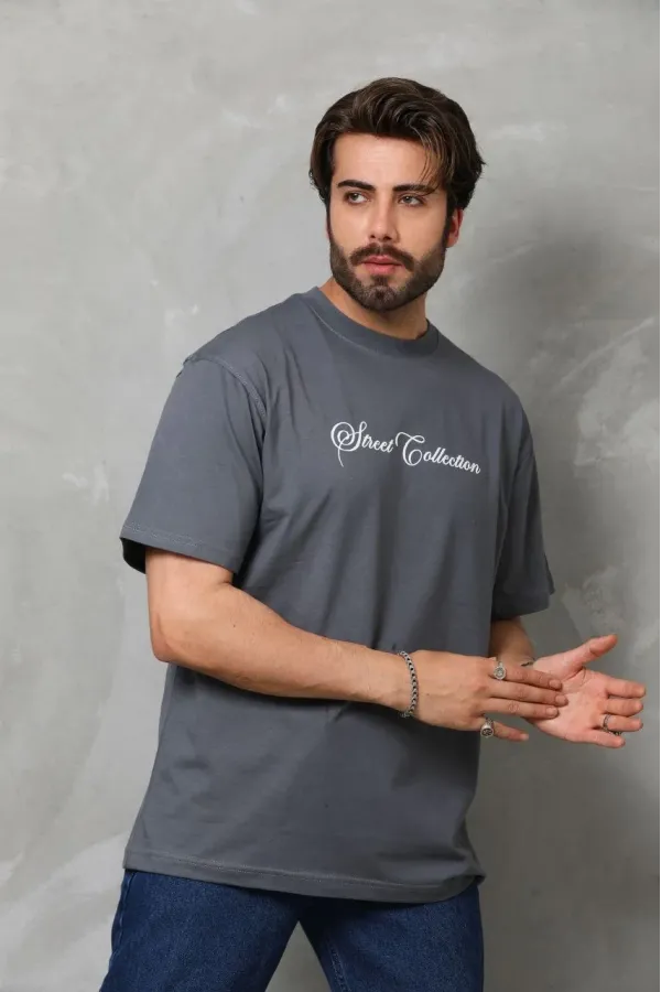 Unisex Bisiklet Yaka Baskılı Oversize T-Shirt - Füme