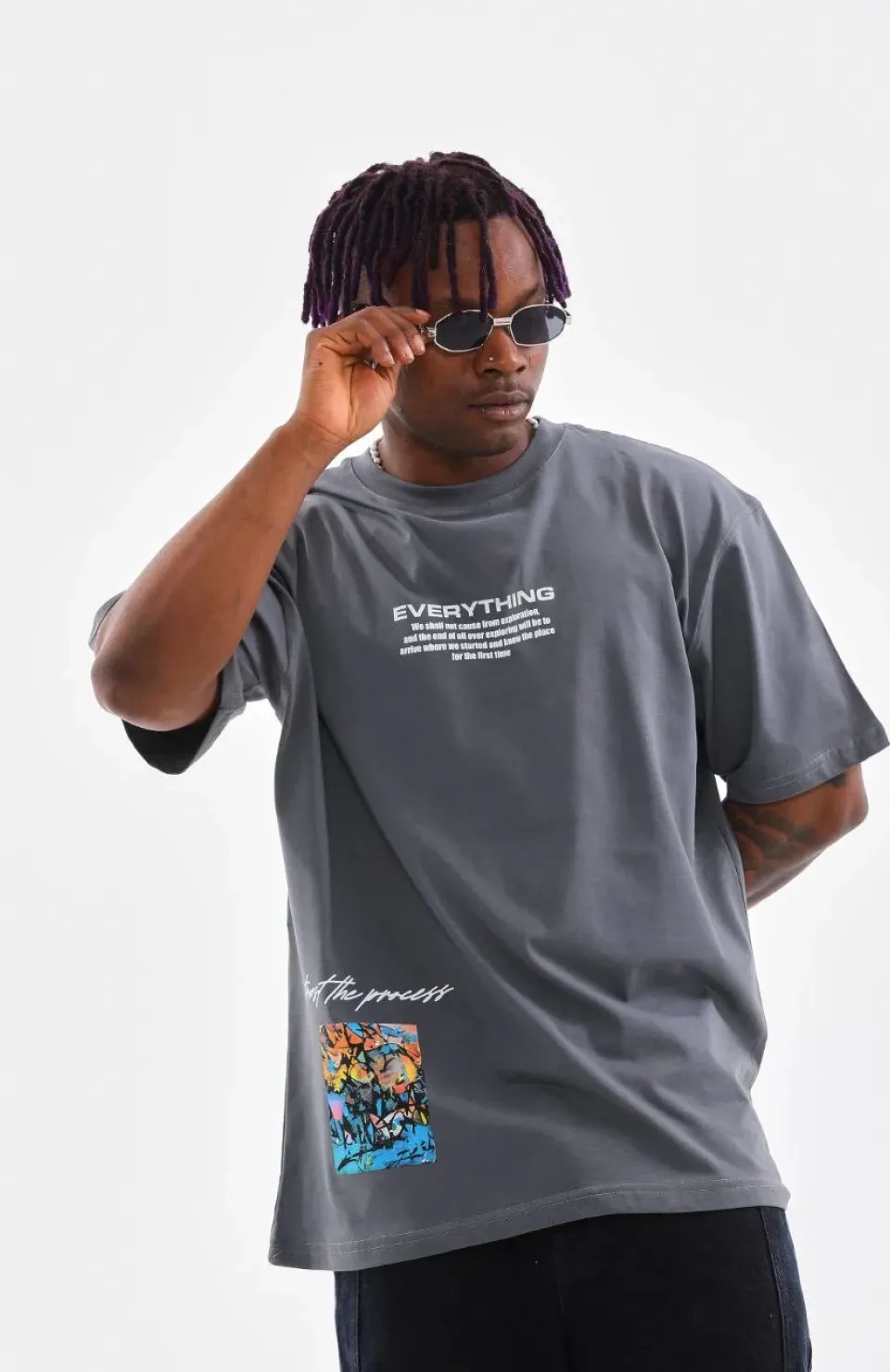 Unisex Bisiklet Yaka Baskılı Oversize T-Shirt - Gri