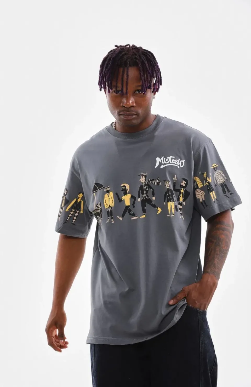 Unisex Bisiklet Yaka Baskılı Oversize T-Shirt - Gri