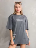 Unisex Bisiklet Yaka Baskılı Oversize T-Shirt - Gri Somersan Giyim | Kadın, Erkek ve Çocuk Moda