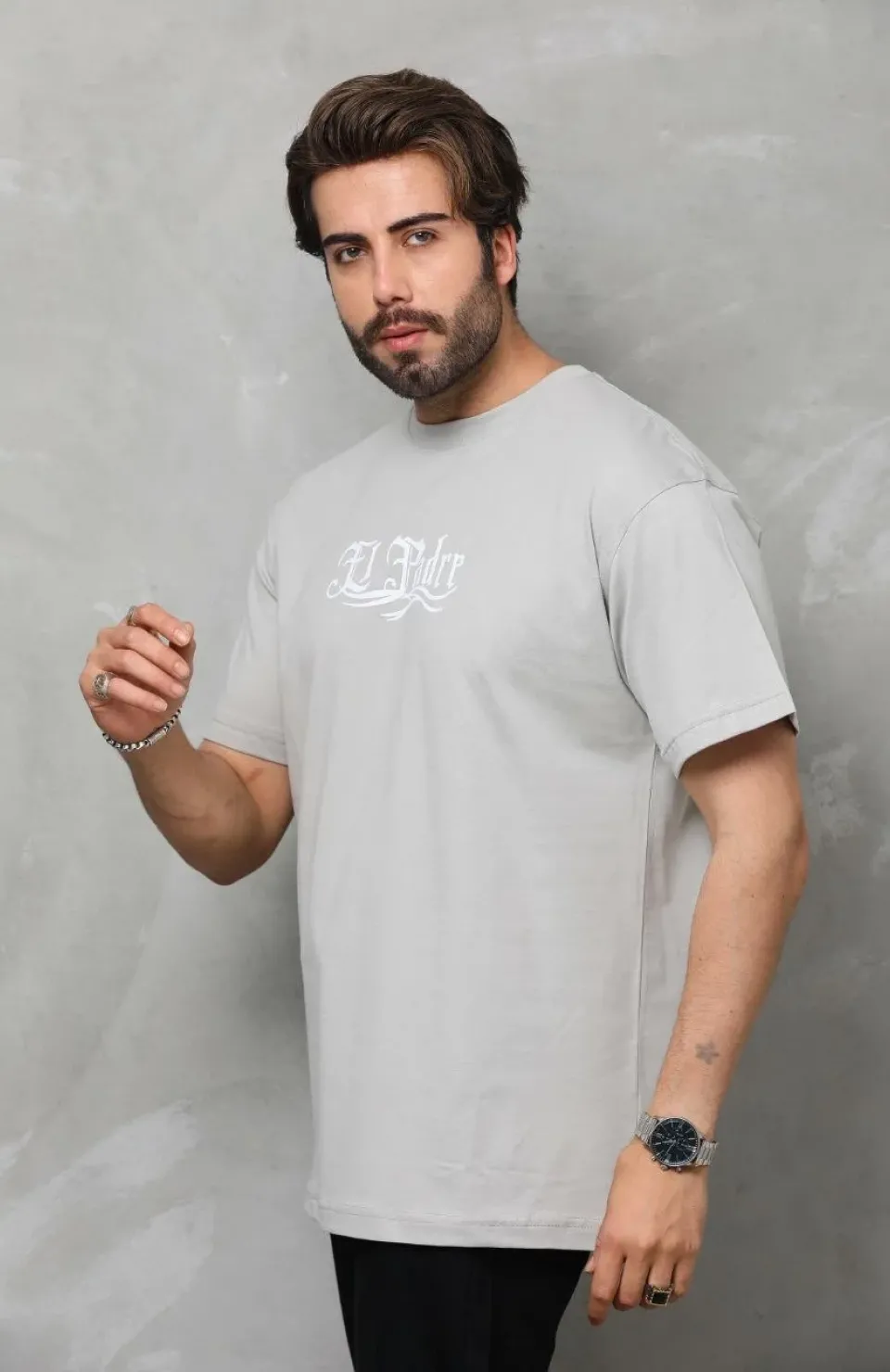 Unisex Bisiklet Yaka Baskılı Oversize T-Shirt - Gri Somersan Giyim | Kadın, Erkek ve Çocuk Moda
