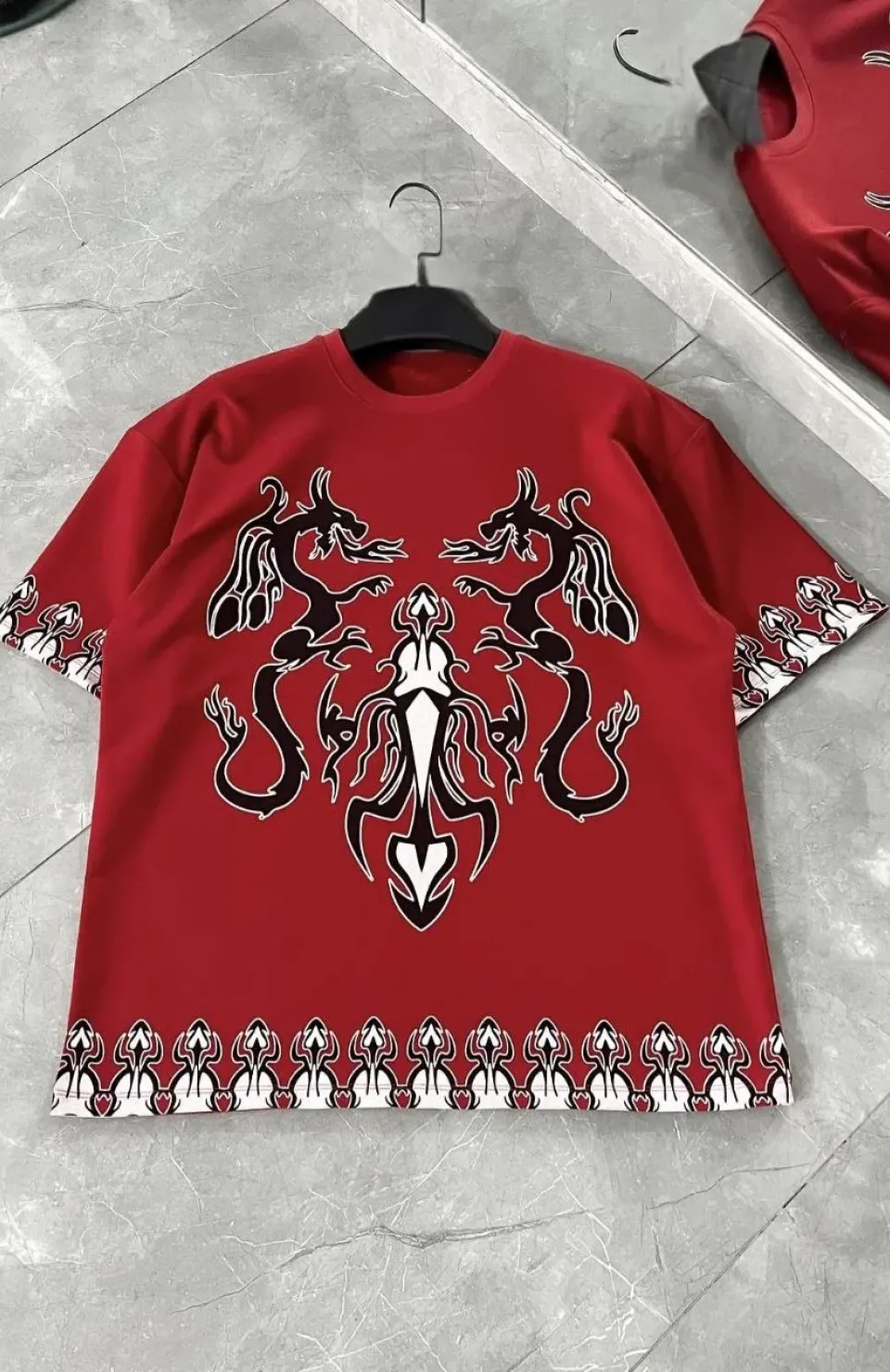 Unisex Bisiklet Yaka Baskılı Oversize T-Shirt - Kırmızı