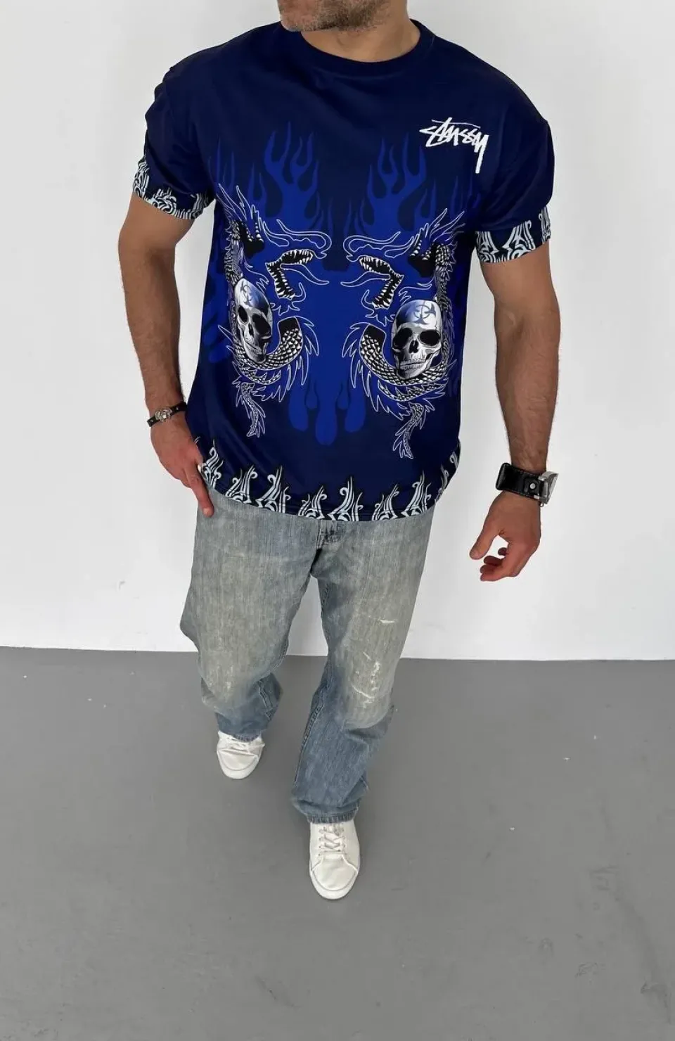 Unisex Bisiklet Yaka Baskılı Oversize T-Shirt - Lacivert