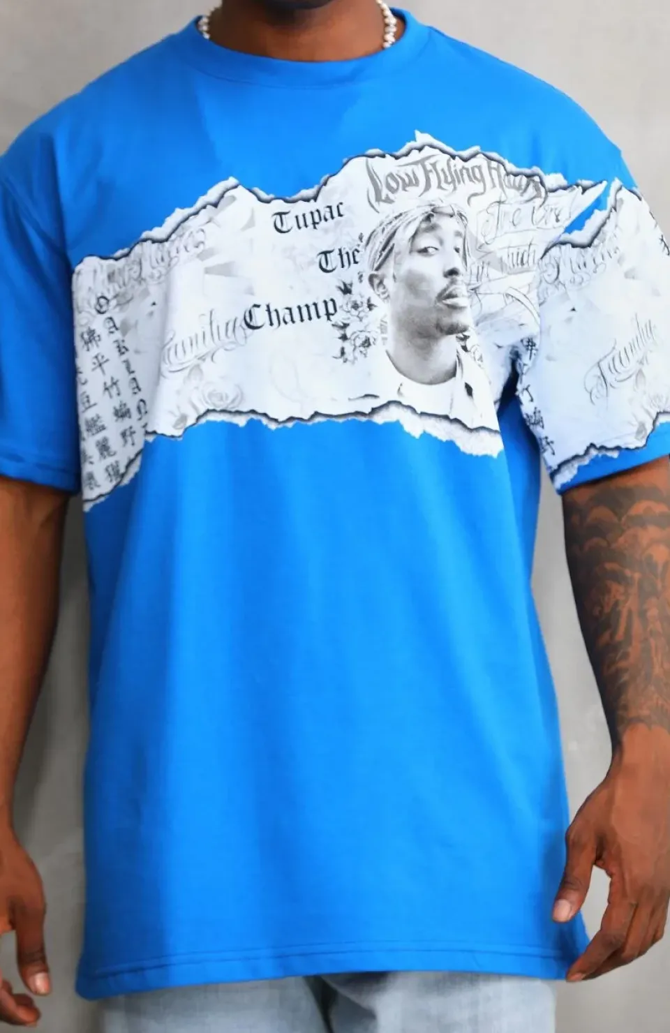 Unisex Bisiklet Yaka Baskılı Oversize T-Shirt - Mavi