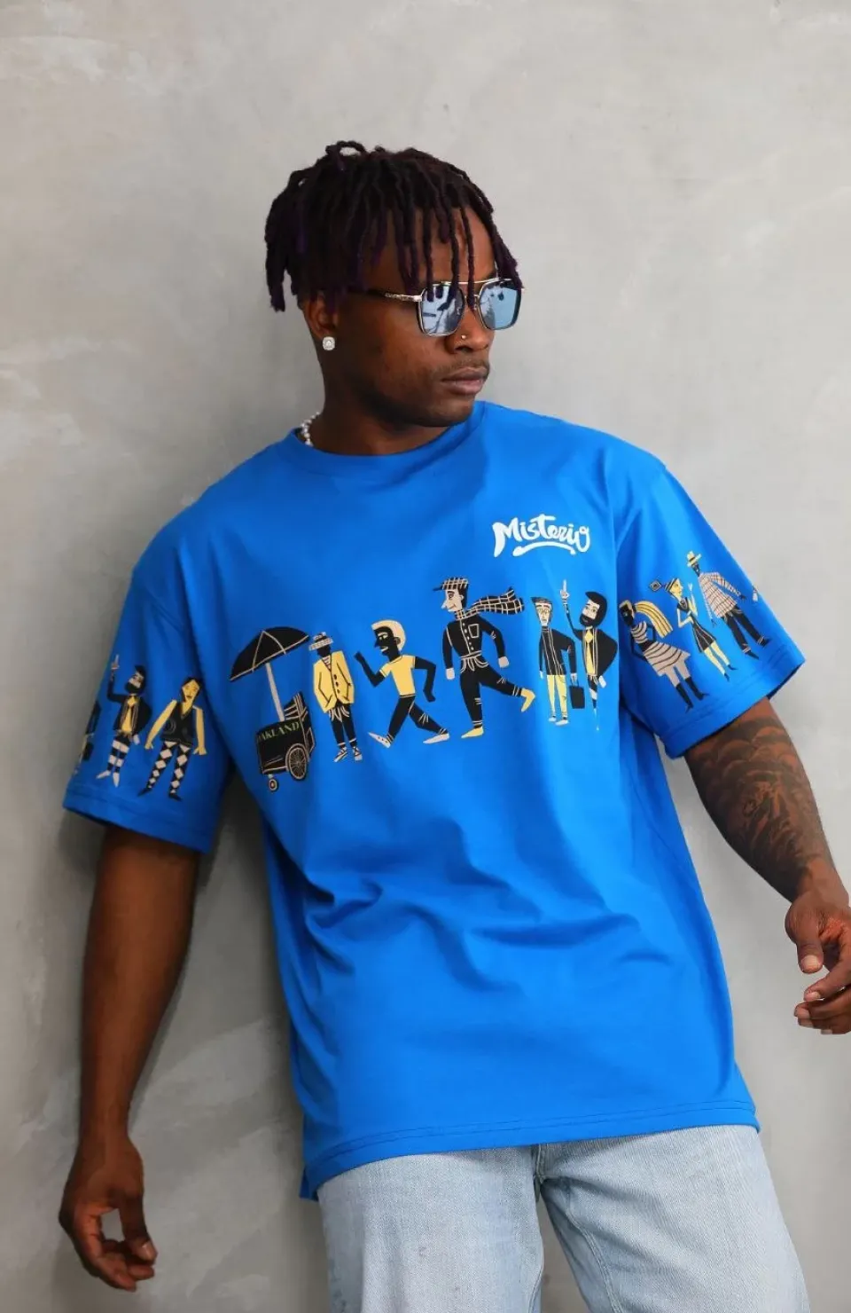 Unisex Bisiklet Yaka Baskılı Oversize T-Shirt - Mavi