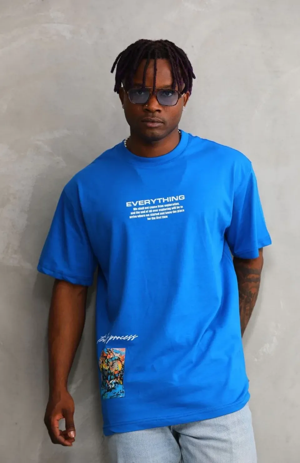 Unisex Bisiklet Yaka Baskılı Oversize T-Shirt - Mavi Somersan Giyim | Kadın, Erkek ve Çocuk Moda