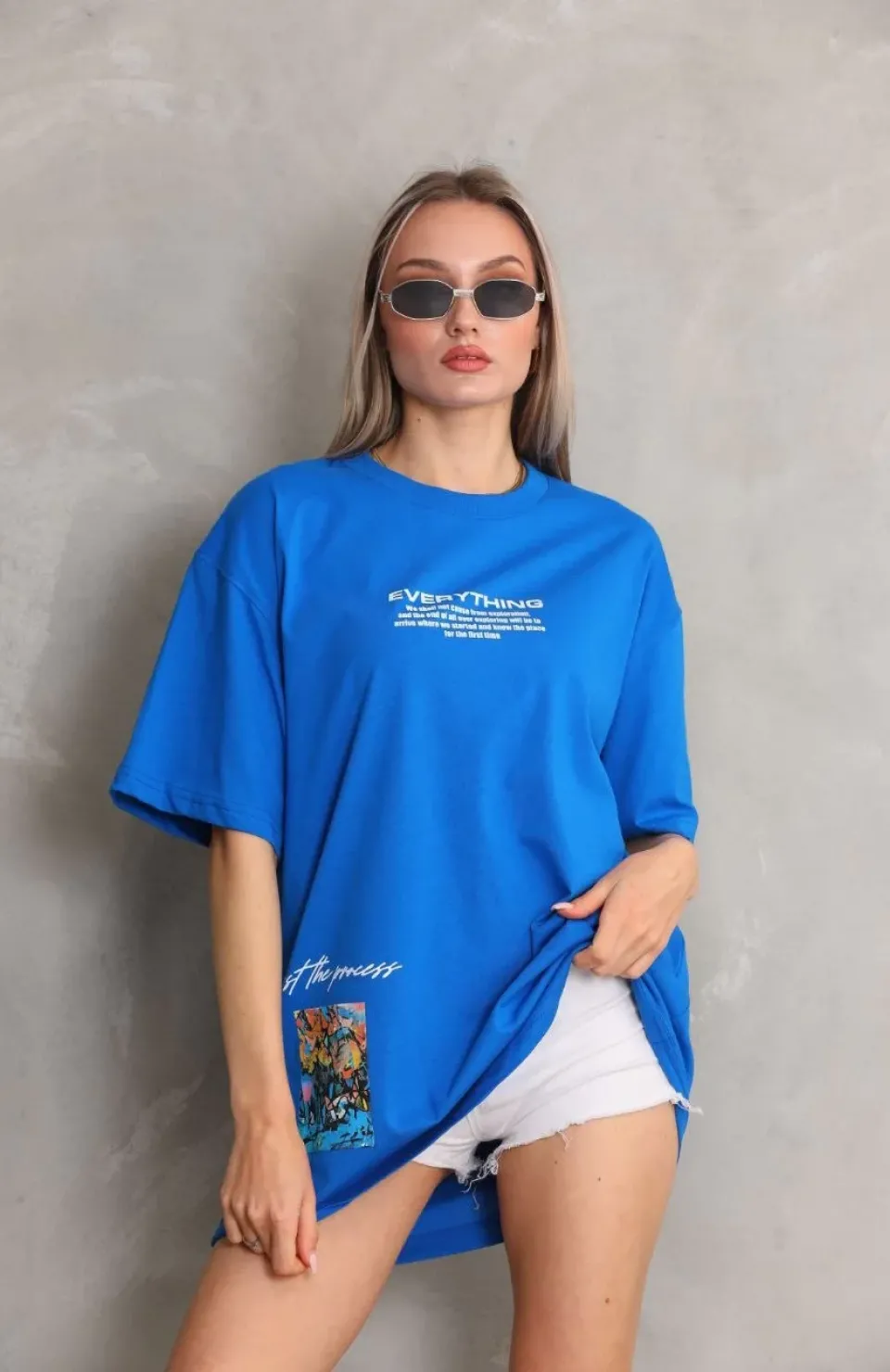 Unisex Bisiklet Yaka Baskılı Oversize T-Shirt - Mavi Somersan Giyim | Kadın, Erkek ve Çocuk Moda