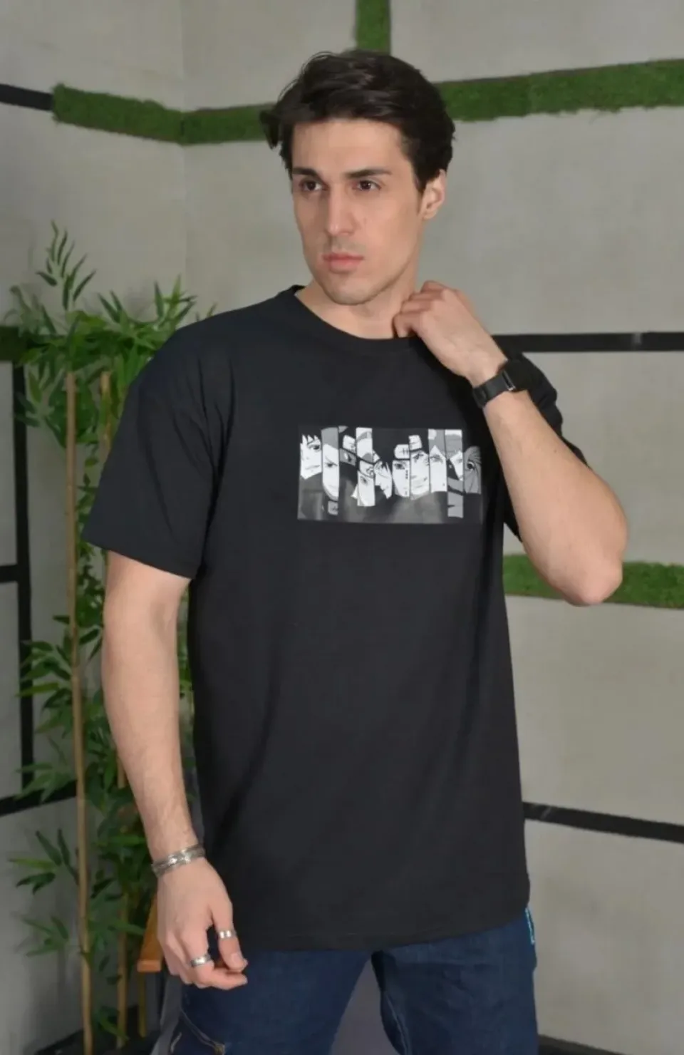 Unisex Bisiklet Yaka Baskılı Oversize T-Shirt - Siyah