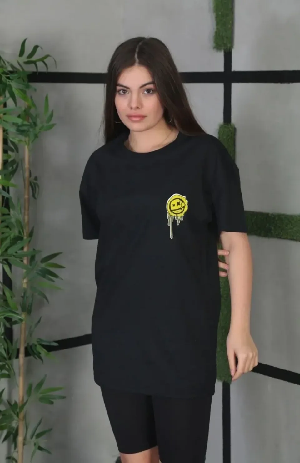 Unisex Bisiklet Yaka Baskılı Oversize T-Shirt - Siyah