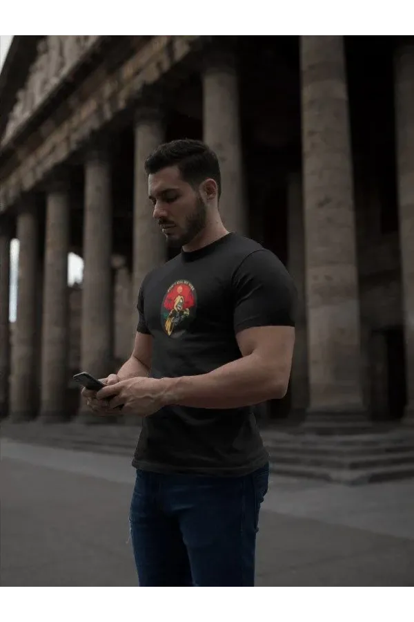 Unisex Bisiklet Yaka Baskılı Oversize T-Shirt - Siyah