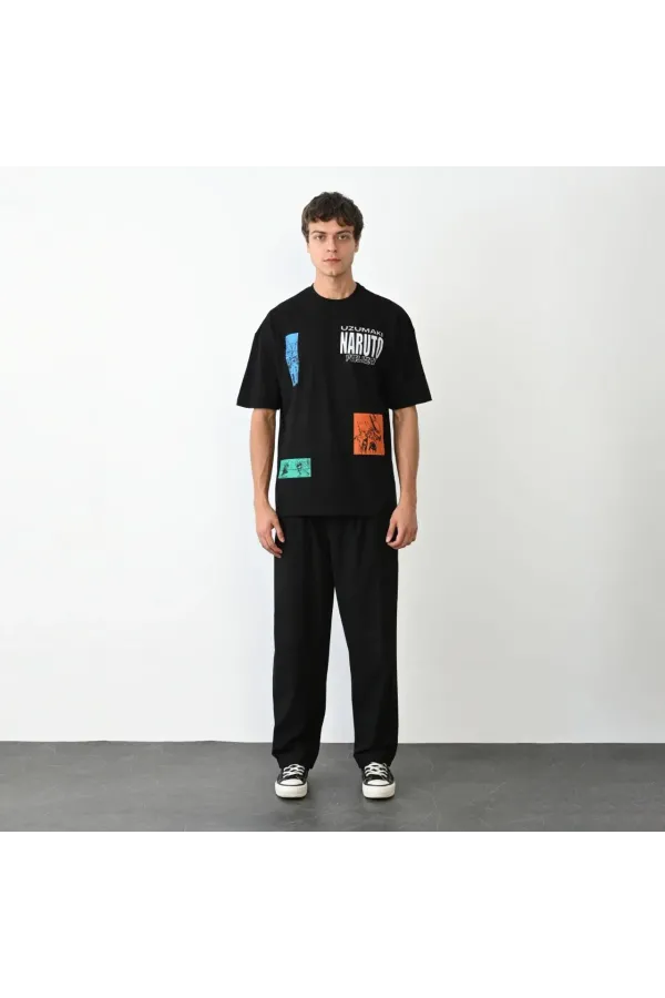 Unisex Bisiklet Yaka Baskılı Oversize T-Shirt - Siyah