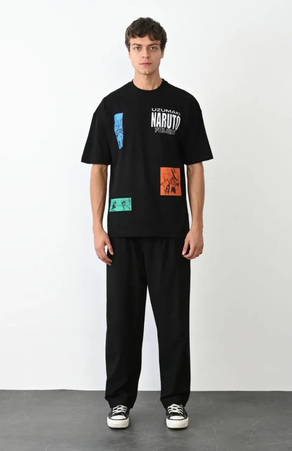 Unisex Bisiklet Yaka Baskılı Oversize T-Shirt - Siyah