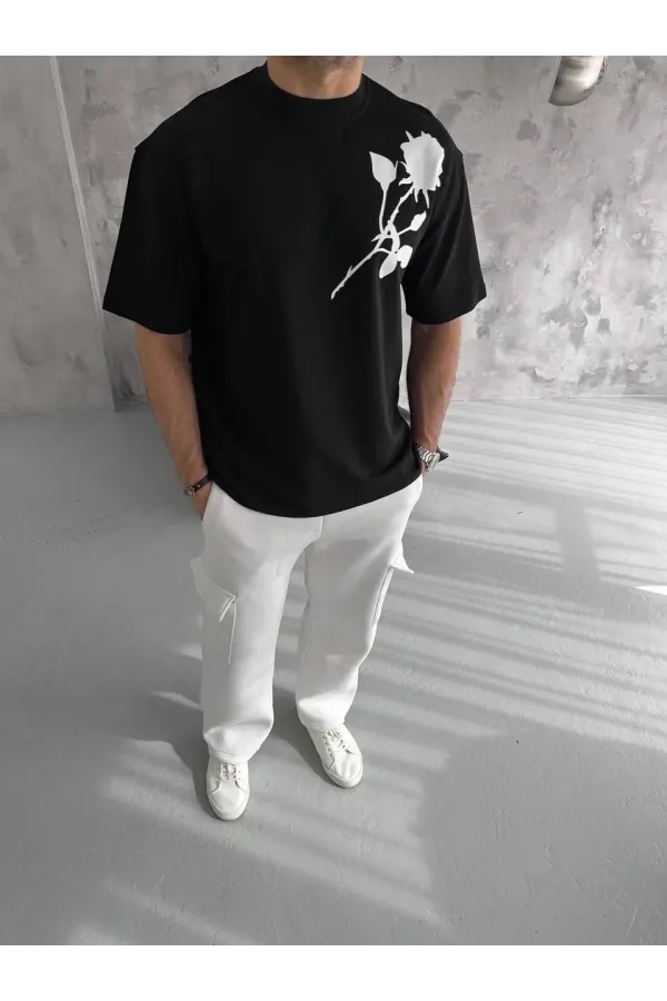 Unisex Bisiklet Yaka Baskılı Oversize T-Shirt - Siyah