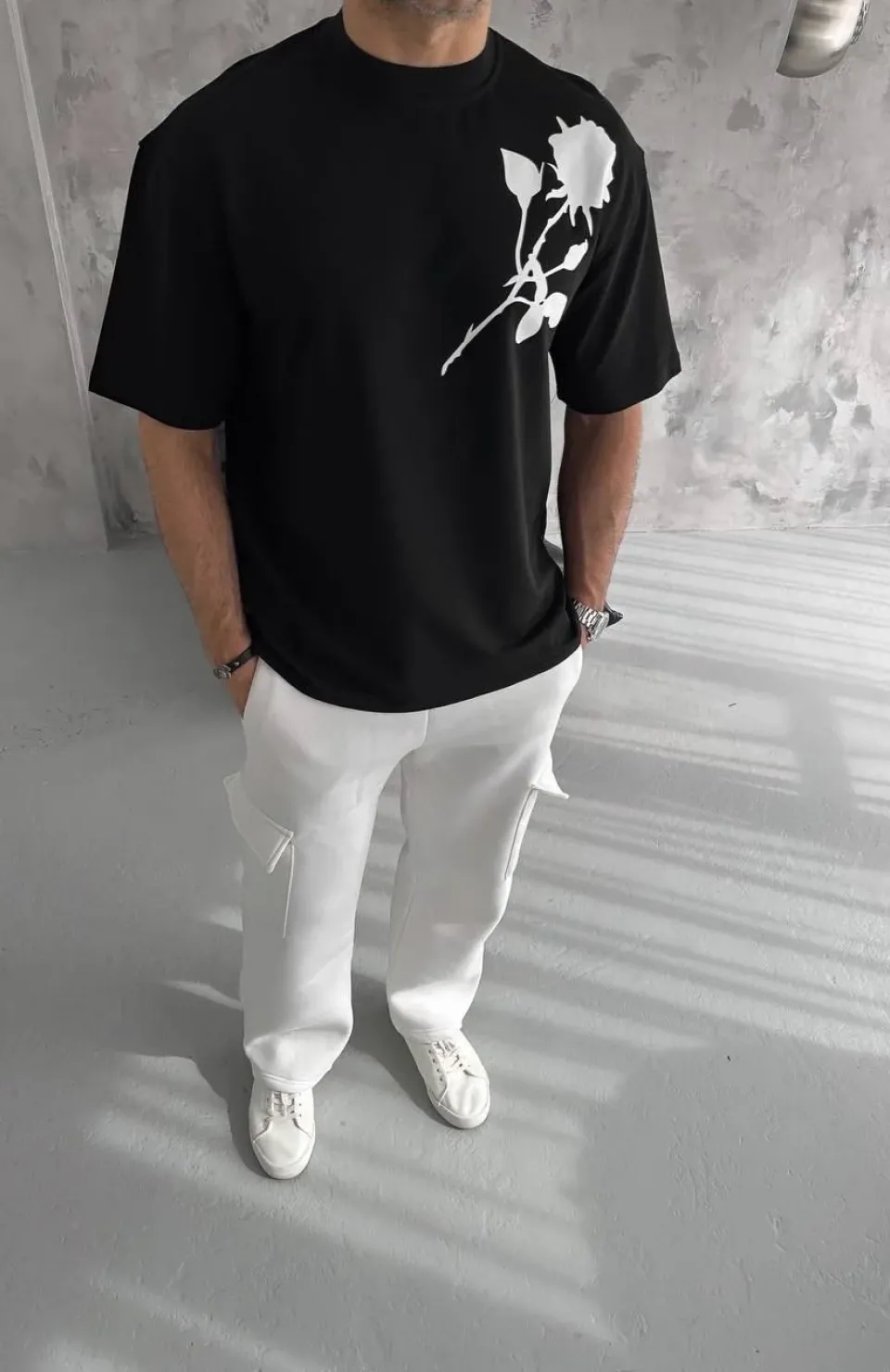 Unisex Bisiklet Yaka Baskılı Oversize T-Shirt - Siyah