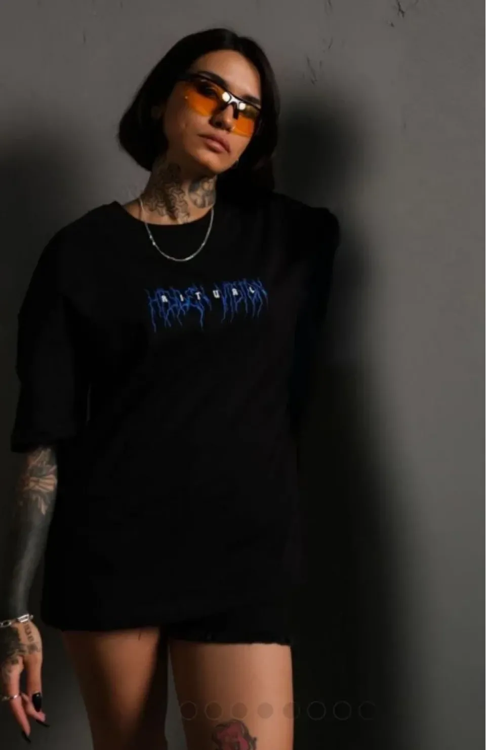 Unisex Bisiklet Yaka Baskılı Oversize T-Shirt - Siyah