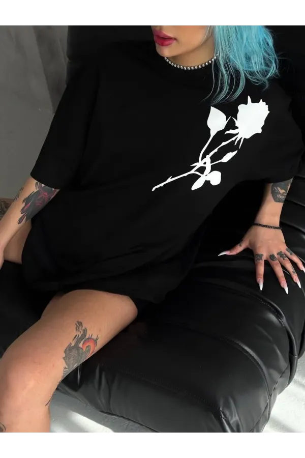 Unisex Bisiklet Yaka Baskılı Oversize T-Shirt - Siyah