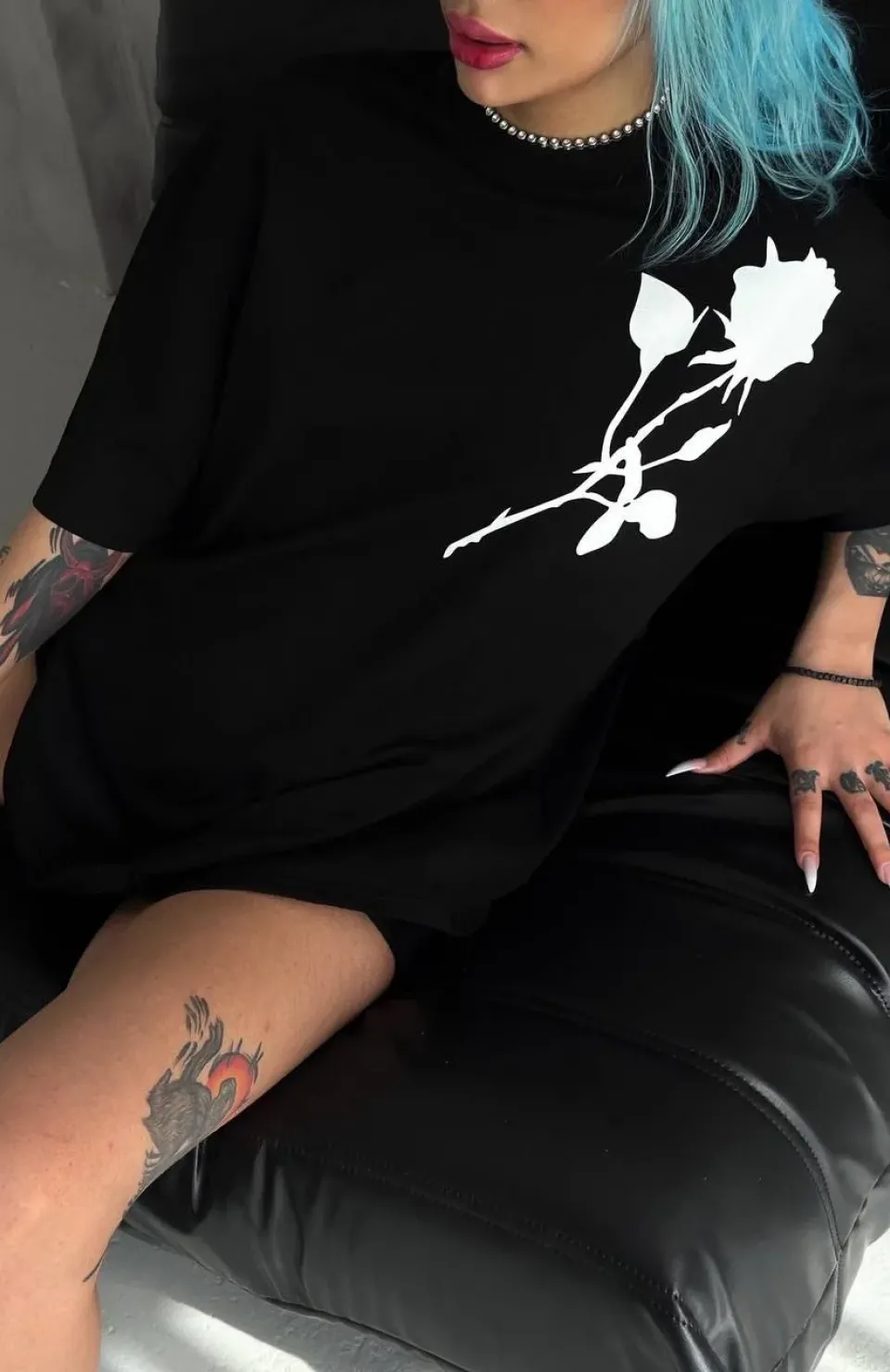 Unisex Bisiklet Yaka Baskılı Oversize T-Shirt - Siyah