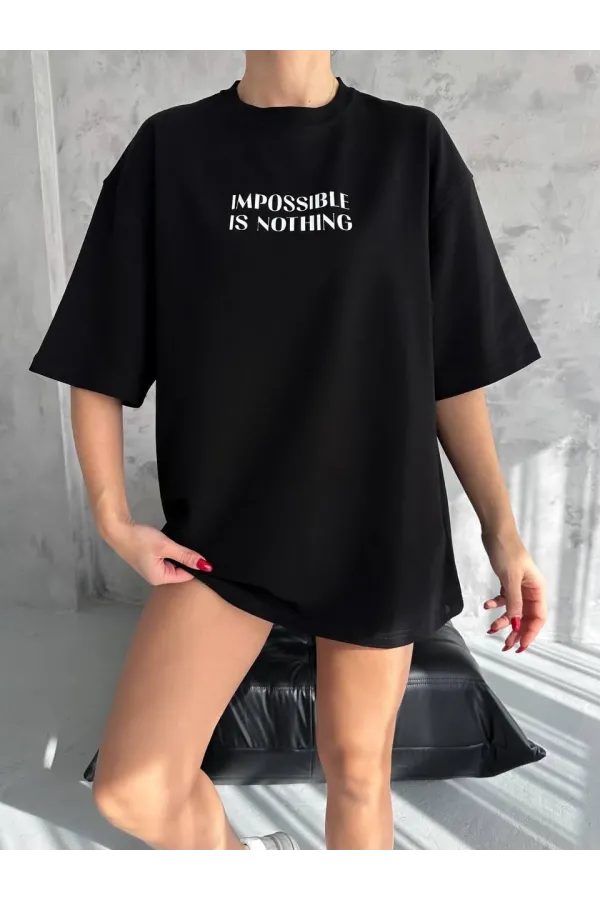 Unisex Bisiklet Yaka Baskılı Oversize T-Shirt - Siyah