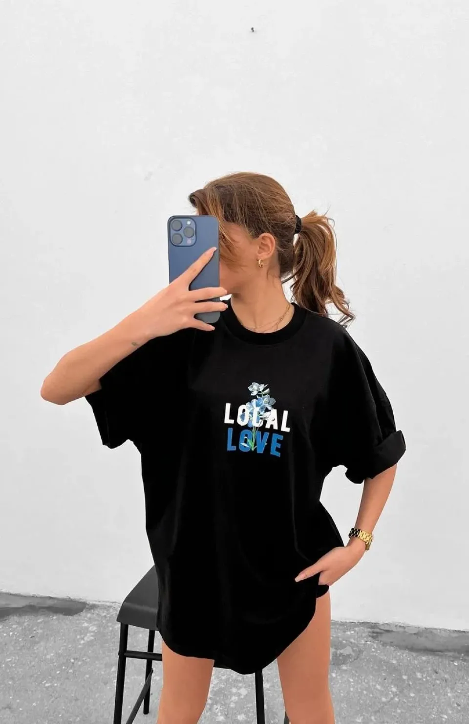 Unisex Bisiklet Yaka Baskılı Oversize T-Shirt - Siyah