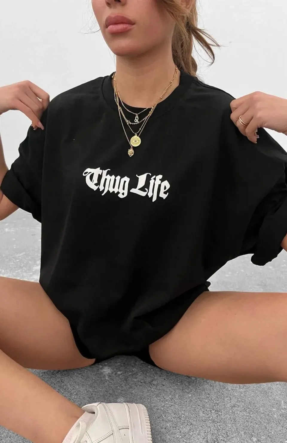 Unisex Bisiklet Yaka Baskılı Oversize T-Shirt - Siyah