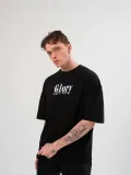 Unisex Bisiklet Yaka Baskılı Oversize T-Shirt - Siyah