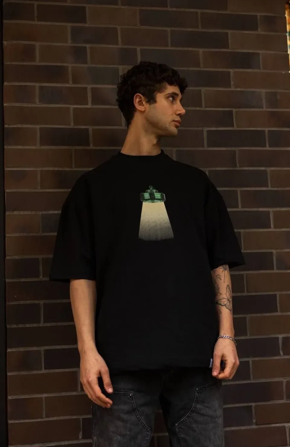 Unisex Bisiklet Yaka Baskılı Oversize T-Shirt - Siyah