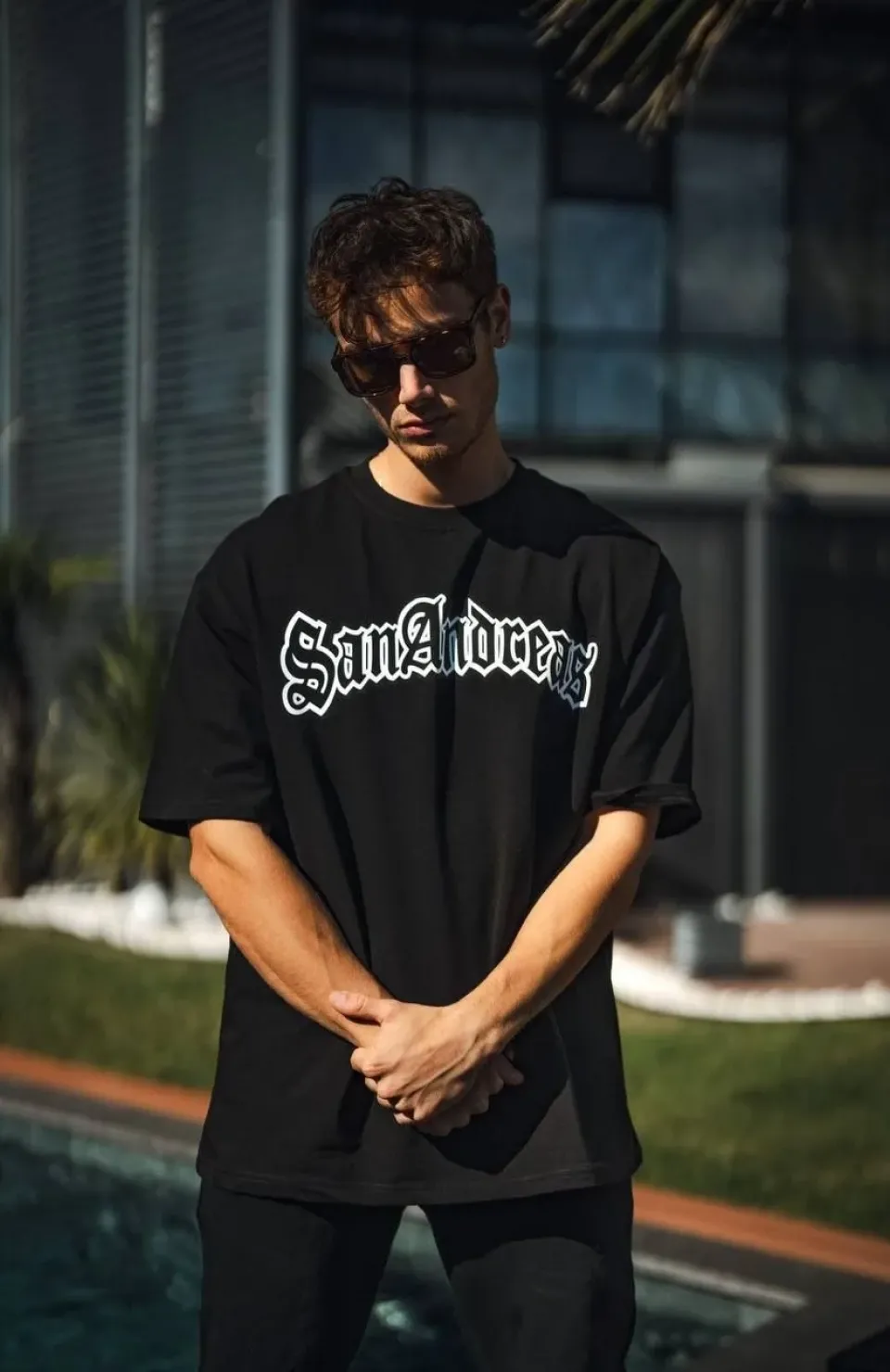 Unisex Bisiklet Yaka Baskılı Oversize T-Shirt - Siyah