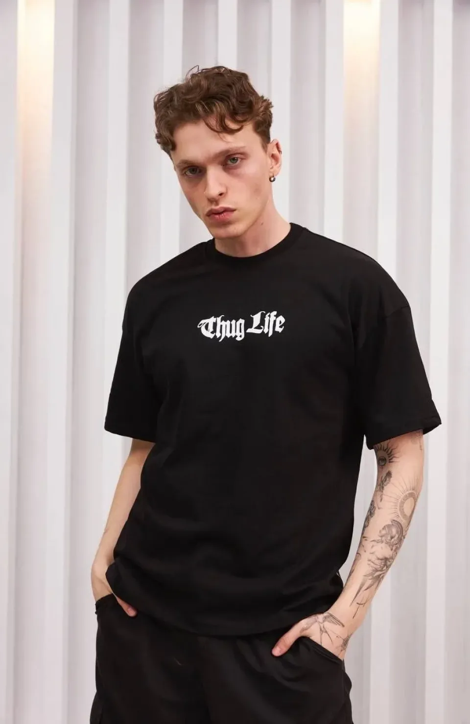 Unisex Bisiklet Yaka Baskılı Oversize T-Shirt - Siyah