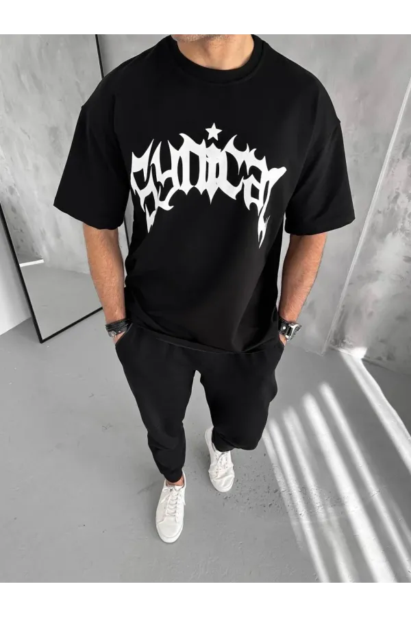 Unisex Bisiklet Yaka Baskılı Oversize T-Shirt - Siyah