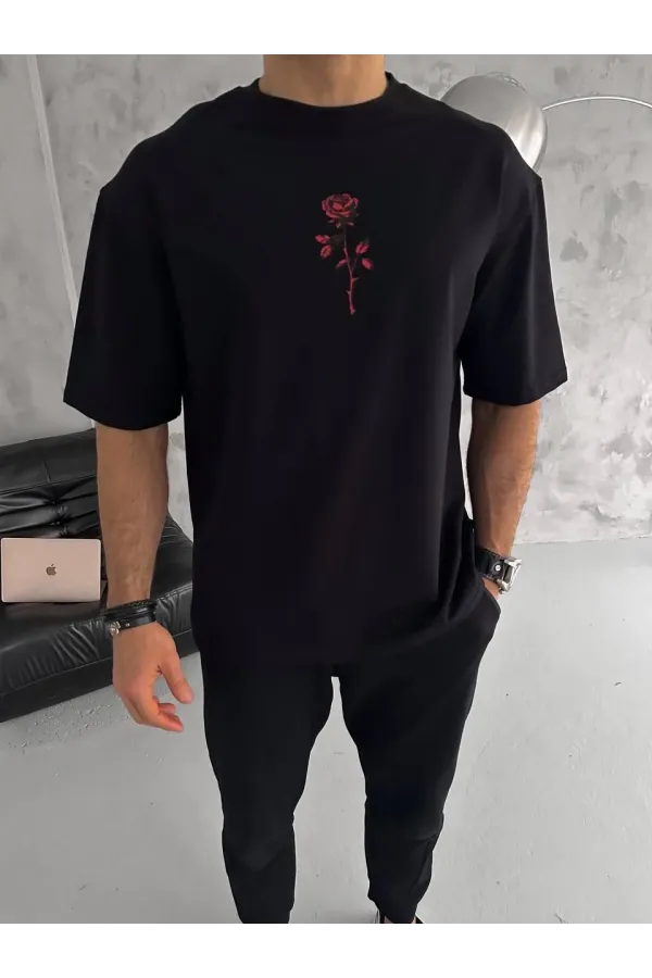 Unisex Bisiklet Yaka Baskılı Oversize T-Shirt - Siyah