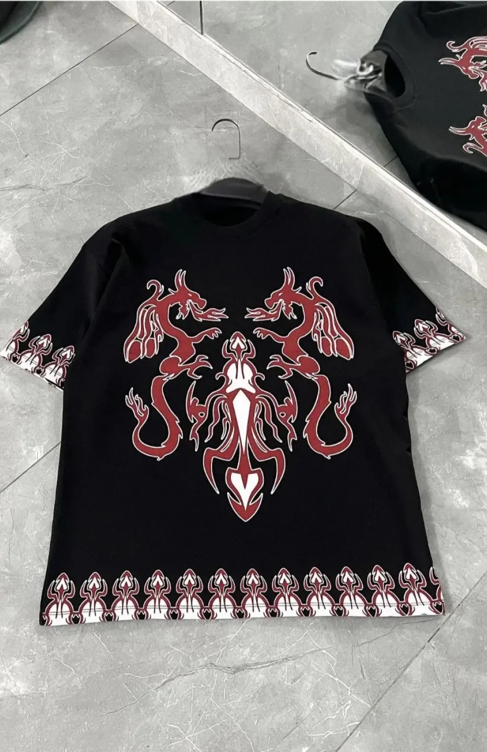 Unisex Bisiklet Yaka Baskılı Oversize T-Shirt - Siyah