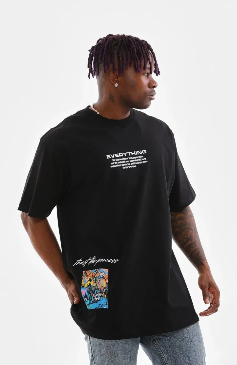 Unisex Bisiklet Yaka Baskılı Oversize T-Shirt - Siyah