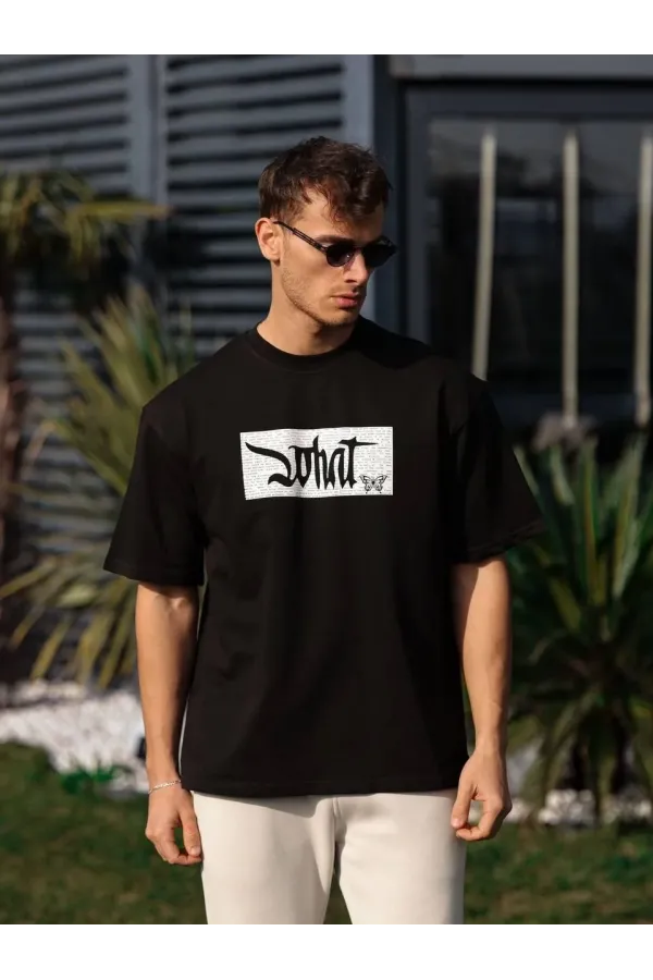 Unisex Bisiklet Yaka Baskılı Oversize T-Shirt - Siyah