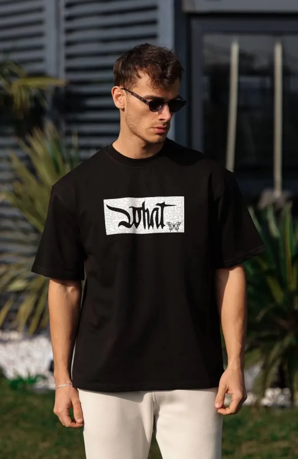 Unisex Bisiklet Yaka Baskılı Oversize T-Shirt - Siyah