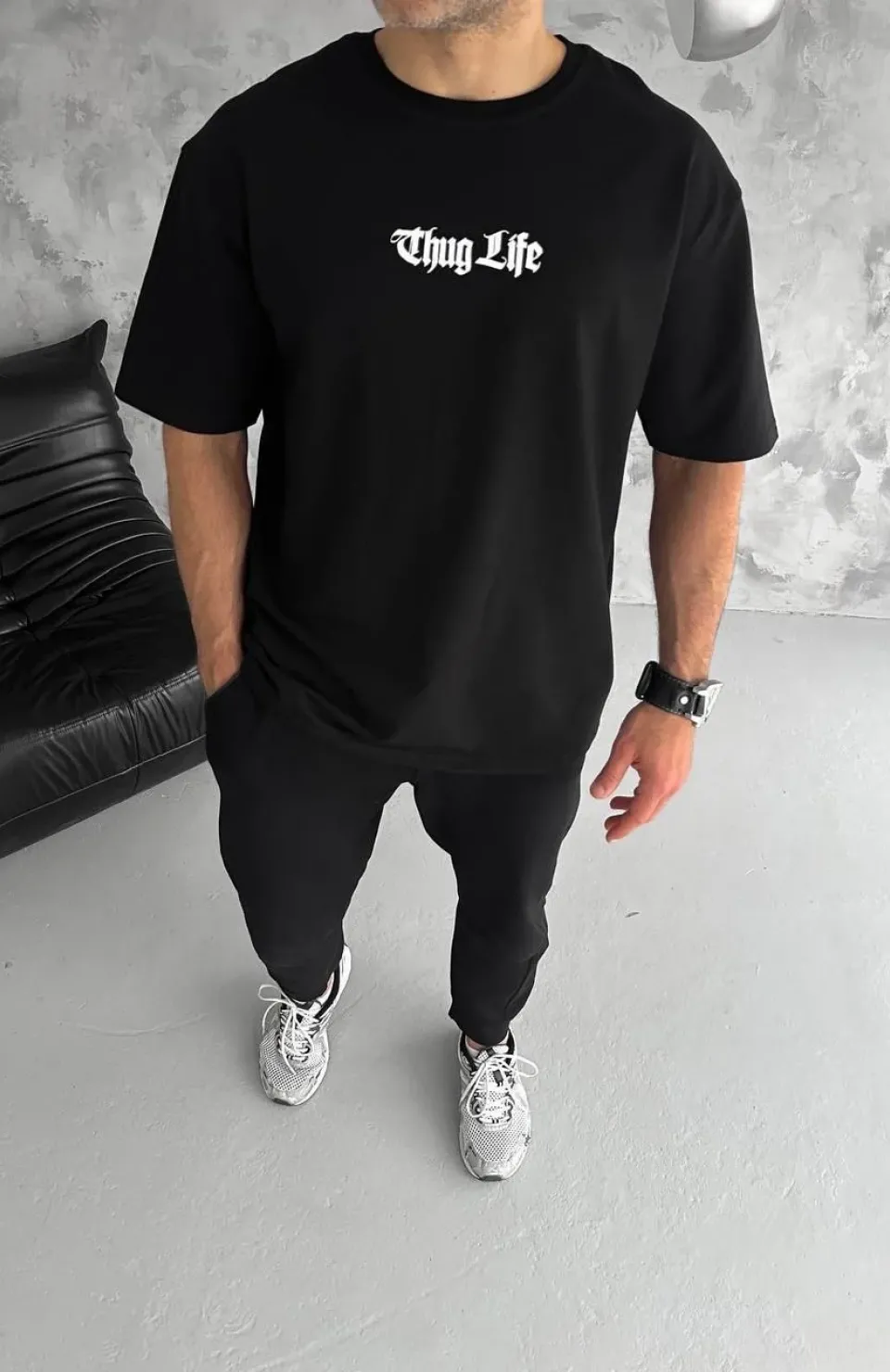 Unisex Bisiklet Yaka Baskılı Oversize T-Shirt - Siyah