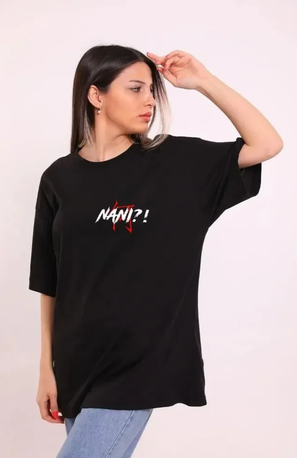 Unisex Bisiklet Yaka Baskılı Oversize T-Shirt - Siyah